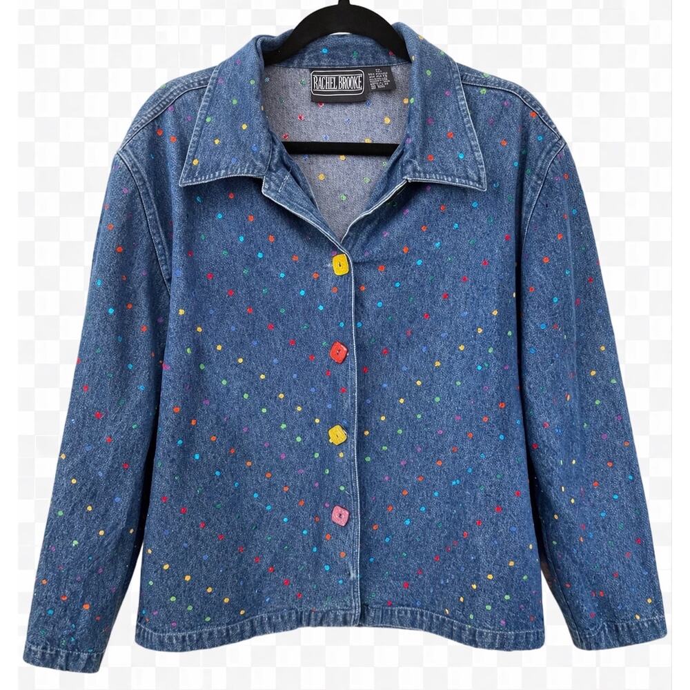 Vintage Rachel Brooke Denim Statement Jacket‎ Colorful Polka Dot Novelty Buttons